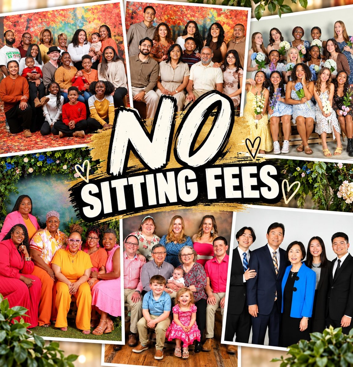 No sitting fees flyer with family and group portraits from the studio