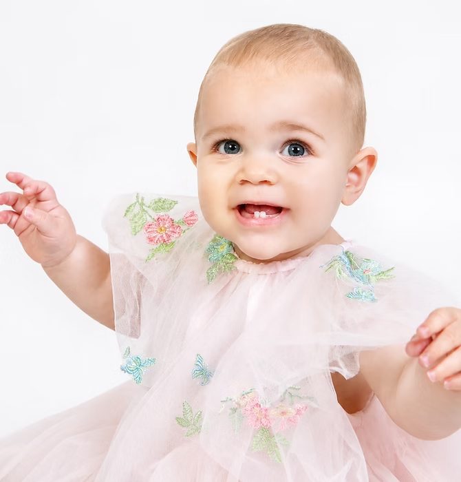 Children's portrait of a baby girl in a pink dress