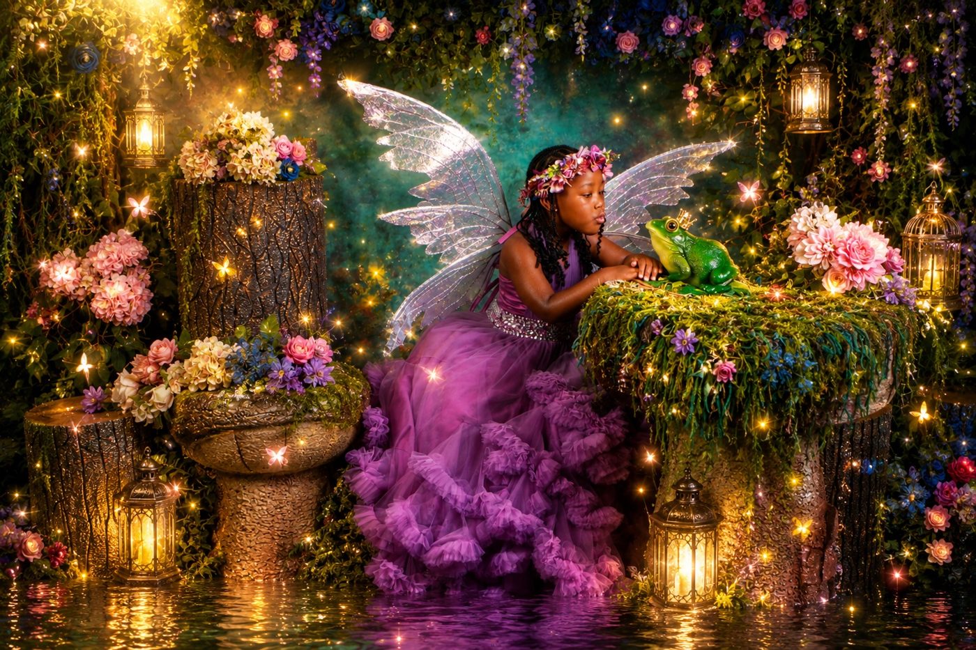 Fairytale portrait of a young girl with wings in an enchanted garden set