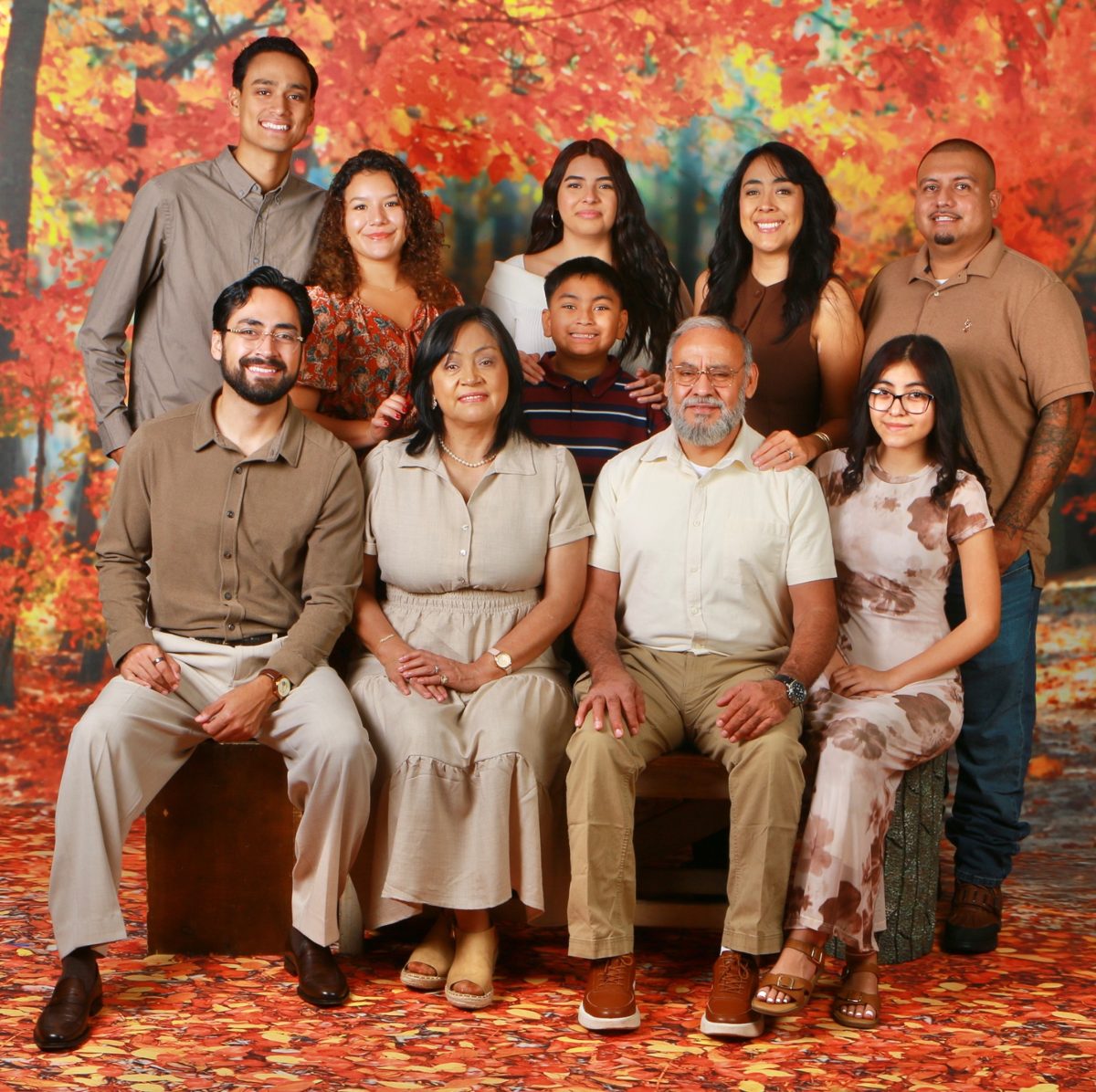 Extended family portrait on the autumn set at Atlanta Portrait Studio