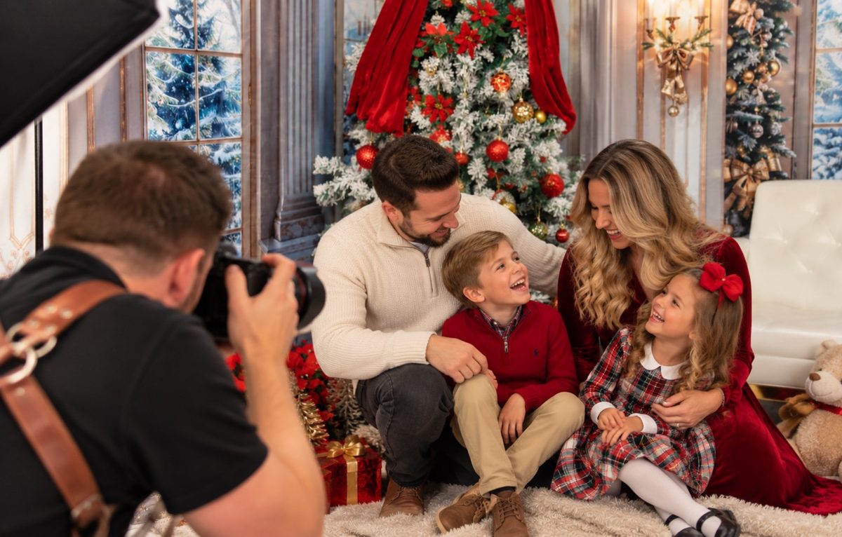 Family photographed on the Christmas set at Atlanta Portrait Studio