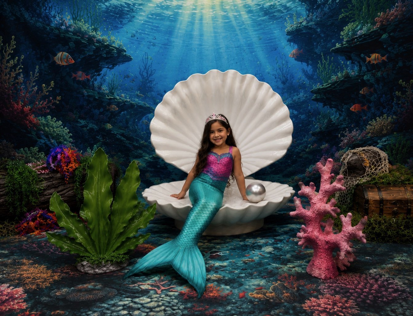 Young girl in a mermaid tail seated in a giant clam shell on the underwater mermaid set